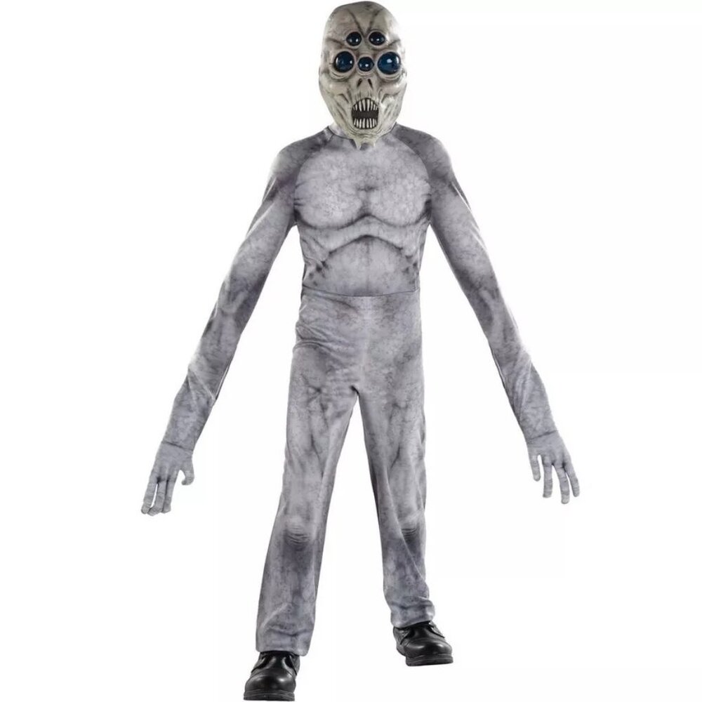 Illusion Grey Long Arm Alien Costume Scary Eyes Teeth Mask Halloween Gray Kids L